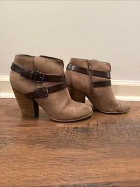 Taupe Suede Ankle Booties with Dark Brown Straps